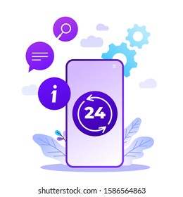 24 7 service concept or call center in flat vector illustration. 24-7 round the clock or nonstop customer support background. Mobile self-service layout template for web banner.