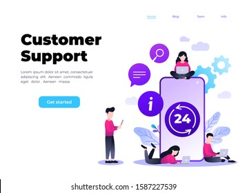 24 7 service concept or call center, big smartphone and small people with laptops in flat vector illustration. nonstop customer support. Mobile self-service layout template for web banner.