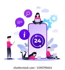 24 7 service concept or call center, big smartphone and small people with laptops in flat vector illustration. nonstop customer support. Mobile self-service layout template for web banner.