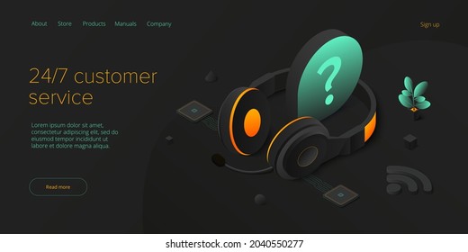 24 7 service concept or call center in isometric vector illustration. 24 7 round the clock or nonstop customer support background. Mobile self-service layout template for web banner.