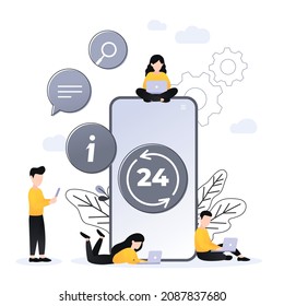 24 7 service concept or call center, big smartphone and small people with laptops in flat vector illustration. nonstop customer support. Mobile self-service layout template for web banner.