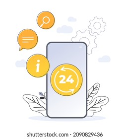 24 7 service concept or call center, big smartphone and small people with laptops in flat vector illustration. nonstop customer support. Mobile self-service layout template for web banner.