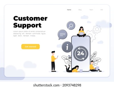 24 7 service concept or call center, big smartphone and small people with laptops in flat vector illustration. nonstop customer support. Mobile self-service layout template for web banner.