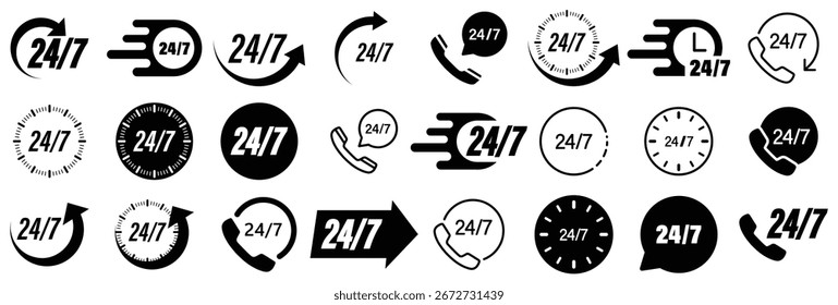 24 7 Service-Icons in der Uhr, 24 auf 7 Set-Icons . 24 Stunden 7 Tage in der Woche Service . Symbol immer öffnen