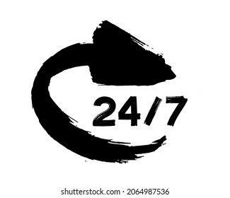 24 7 service icon, logo, sign, symbol. Black grunge ink brush stroke arrow isolated on white background. Open 24h hours a day and 7 days a week. Vector illustration