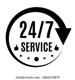 24 7 service icon, logo, sign, symbol. Black arrow isolated on white background. Open 24h hours a day and 7 days a week. Vector illustration