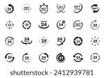 24 7 service icon set. 24-7 open, concept with call icon. Support 24 hours a day and 7 days a week. Support service. Vector Illustration.