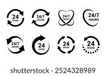 24 7 service icon set. Support 24 hours a day and 7 days a week. can be used in logo, UI and web design. 24-7 service concept.