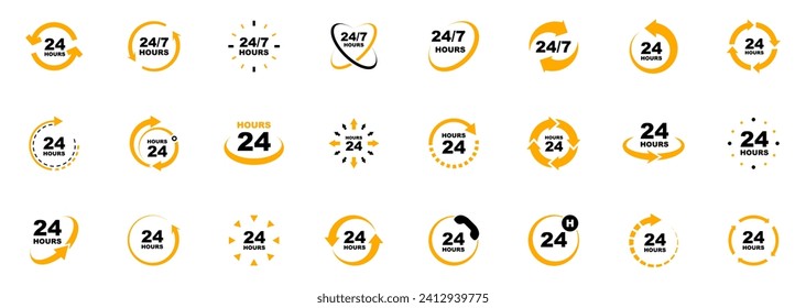 24 7 service icon set. 24-7 open, concept with call icon. Support 24 hours a day and 7 days a week. Support service. Vector Illustration.