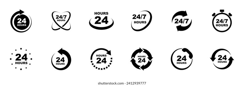 24 7 service icon set. 24-7 open, concept with call icon. Support 24 hours a day and 7 days a week. Support service. Vector Illustration.