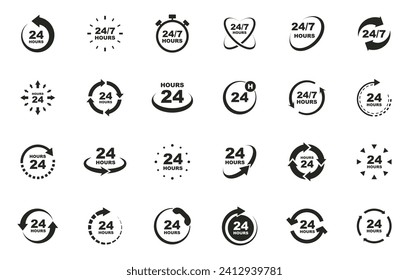 24 7 service icon set. 24-7 open, concept with call icon. Support 24 hours a day and 7 days a week. Support service. Vector Illustration.