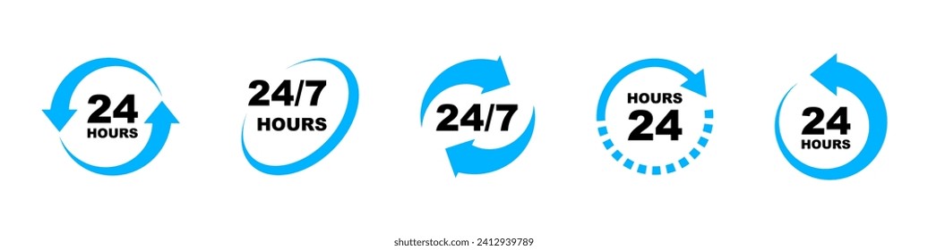 24 7 Service Icon Set. 24-7 offen, Konzept mit Call Icon. Support 24 Stunden am Tag und 7 Tage in der Woche. Support-Service. Vektorgrafik.