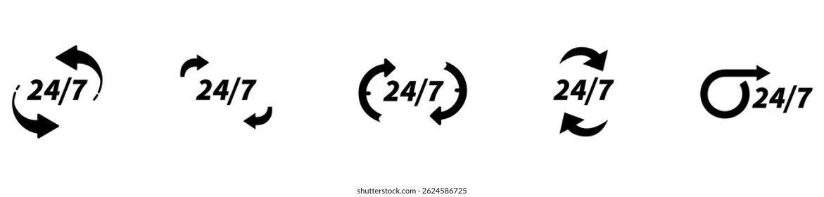24 7 service icon set. 24-7 open, concept with call icon. Support 24 hours a day and 7 days a week. Support service. Vector Illustration. EPS 10