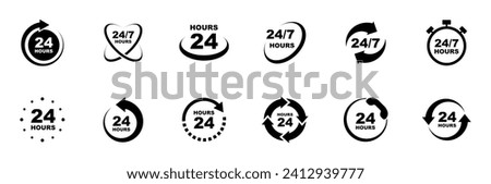 24 7 service icon set. 24-7 open, concept with call icon. Support 24 hours a day and 7 days a week. Support service. Vector Illustration.