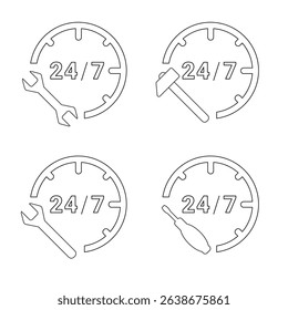 24 7 Service Icons Set with Wrench, Hammer and Screwdriver in Clock Symbol Thin Line Style