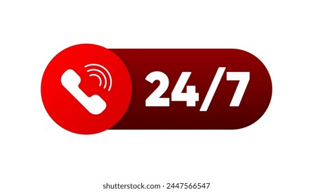 24 7 Service-Label. Support Service Konzept. Anrufsymbol. Telefonischer Support 24 Stunden am Tag und 7 Tage die Woche. Vektorillustration.