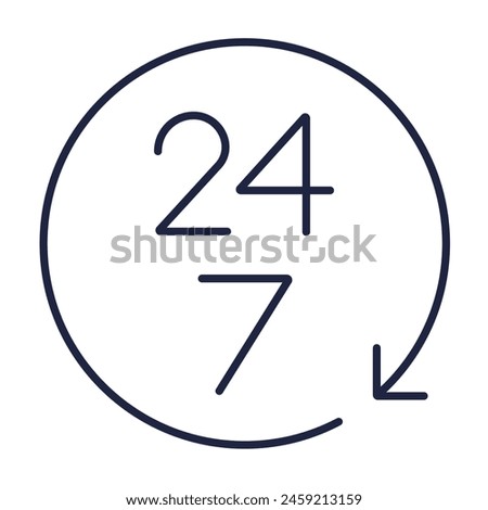 24 7 service line icon. Customer support concept. Outline symbol for web and mobile. 24 hours a day, 7 days a week. Simple online help logo on white background. Editable vector stroke. Pixel Perfect.