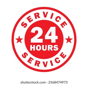 24 7 Service open 24 h hours a day and 7 days a week circle stamp icon. Shop support logo symbol sign button. Vector illustration image. Isolated on white background.