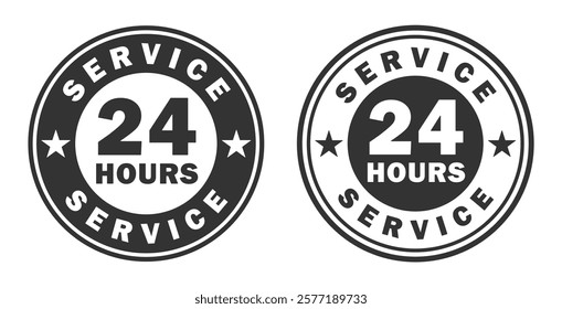 24 7 Service open 24 h hours a day and 7 days a week circle stamp icon. Shop support logo symbol sign button. Vector illustration image. Isolated on white background.