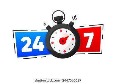 24 7 Service. Support Service concept. Call icon. Phone Support 24 hours a day and 7 days a week. Stopwatch icon. Vector illustration.