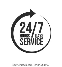 24 7 Service Support open, 24 hours a day, 7 days a week icon set. Tech supporting symbol. Timetable, time, hours signs. Delivery, shopping symbol. Vector illustration