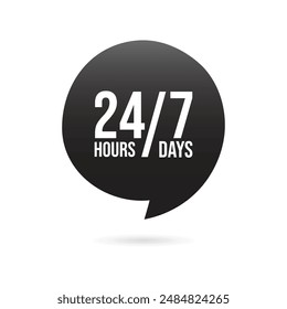 24 7 Service Support open, 24 hours a day, 7 days a week icon. Tech supporting symbol. Timetable, time, hours signs. Delivery, shopping symbol. Vector illustration icon, label, sticker, symbol, sign