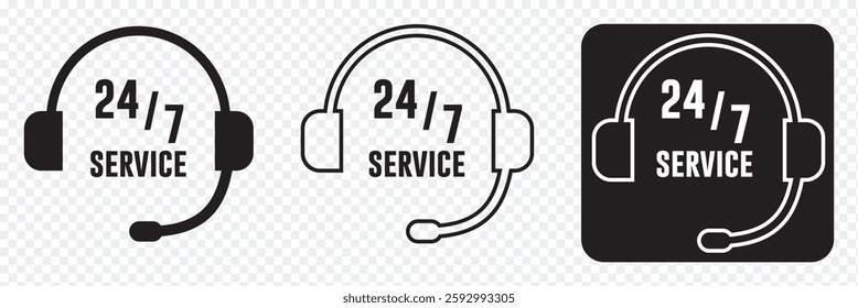 24 7 Service Support open, 24 hours a day, 7 days a week icon set. Tech supporting symbol. Timetable, time, hours signs. Delivery, shopping symbol. Vector illustration