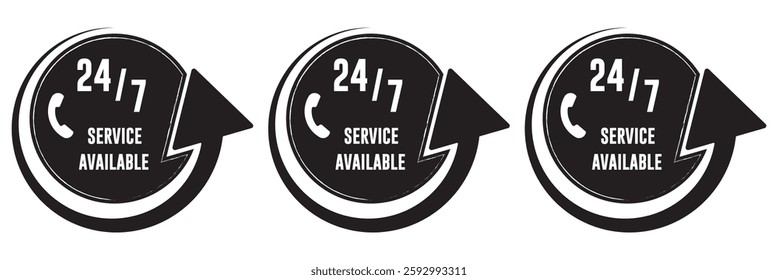 24 7 Service Support open, 24 hours a day, 7 days a week icon set. Tech supporting symbol. Timetable, time, hours signs. Delivery, shopping symbol. Vector illustration