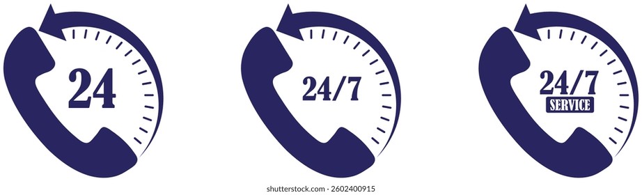 24 7 Service Support open, 24 hours a day, 7 days a week icon set. 24 7 customer support icon. Call center assistance sign. Business helpline contact logo. vector illustration. hotline emergency
