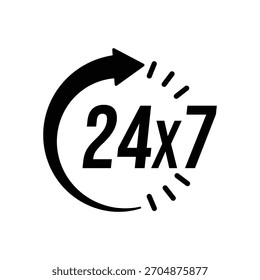 24 7 Asistencia de servicio abierta, 24 horas al día, 7 días a la semana. Símbolo de soporte técnico. Horario, hora, horas y señales. Entrega, símbolo de la compra. Ilustración vectorial