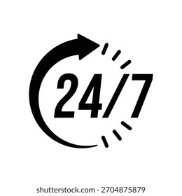 24 7 Asistencia de servicio abierta, 24 horas al día, 7 días a la semana. Símbolo de soporte técnico. Horario, hora, horas y señales. Entrega, símbolo de la compra. Ilustración vectorial