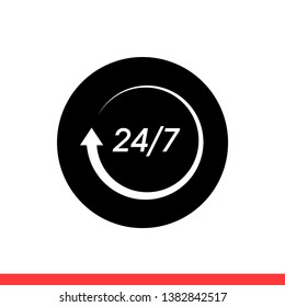 24 7 service vector icon, day symbol. Simple, flat design for web or mobile app