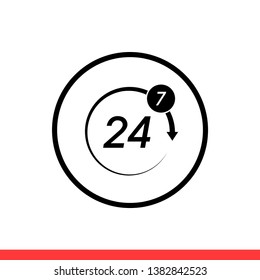 24 7 service vector icon, day symbol. Simple, flat design for web or mobile app