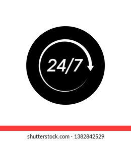 24 7 service vector icon, day symbol. Simple, flat design for web or mobile app