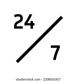24 7 icono del vector de servicio contorno negro EPS 10. Ilustración plana abierta 24-7. Signo de soporte continuo. Asistencia telefónica las 24 horas. Todo el día, concepto en cualquier momento. Aislado sobre blanco