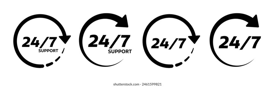 24 7 símbolo del Vector de servicio. 24- 7 siete Asistencias de emergencia disponibles conjunto de iconos. siete días a la semana signo abierto. siempre abierto conjunto de iconos.