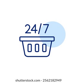 24 7 shopping basket. Shop anywhere anytime, endless customer access to goods and services. Pixel perfect, editable stroke icon