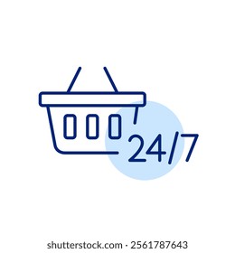 24 7 store. Shopping basket. Pixel perfect, editable stroke icon
