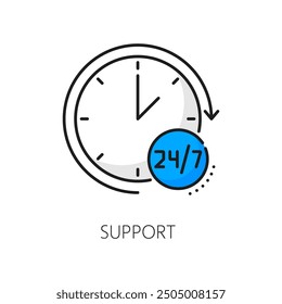 24 7 support color line icon of logistics, delivery, shipping and cargo carriage service. Vector outline clock dial with open hours, 24 7 customer assistance work time symbol of watch with round arrow