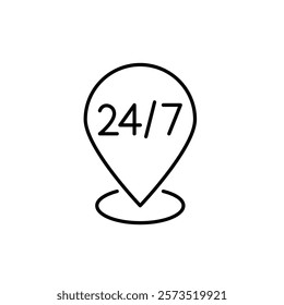 24 7 symbol on map pointer. Around-the-clock availability and support, real-time location tracking. Pixel perfect vector icon