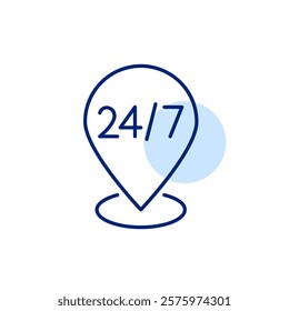 24 7 symbol on map pointer. Around-the-clock availability and support, real-time location tracking. Pixel perfect, editable stroke icon