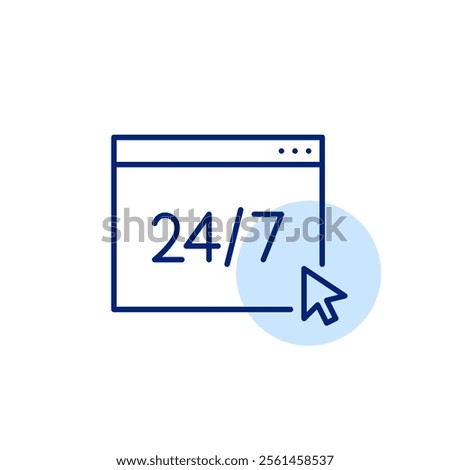 24 7 symbol on web page and mouse click. Round the clock service, continuous online support. Pixel perfect, editable stroke icon