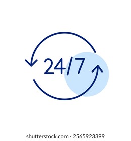 24 7 symbol in refresh arrows. Round the clock work hours, constant support and file backup. Pixel perfect, editable stroke icon