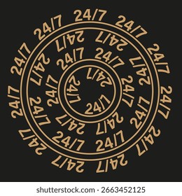24 7 logótipo do vetor. Sinal de serviço redondo. Elemento emblema de ouro. Tipografia de fundo preto. EPS 10.
