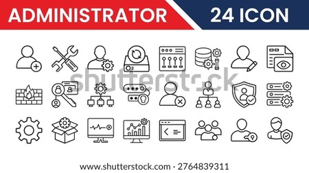 24 Administrator Icons Set - admin user settings management system configuration security access control tools network database user profile maintenance support gear cog shield firewall server it administration and system management Clean minimalist outline style icons.