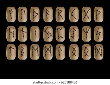 24 ancient runes, carved on a tree isolated on black background