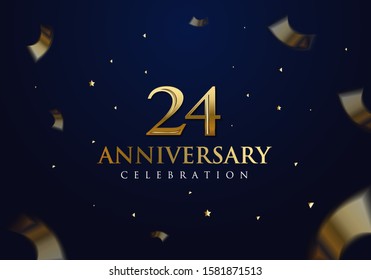  24 Anniversary celebration design on luxury royal blue background with stars, glitters and streamer ribbons. Vector festive illustration. Birthday or wedding party event decoration.