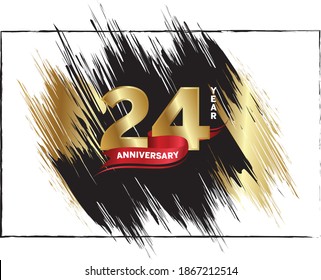 24 Anniversary celebration, Luxury anniversary template over gold and black brush, Golden number with red ribbon isolation background, Party event decoration, Vector.