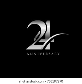 24 anniversary elegance silver logo. linked number with swoosh on black background