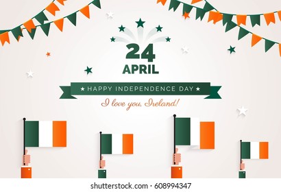 24 April. Ireland Independence Day greeting card.   Holiday background with waving flags, ribbon and garlands. Vector flat illustration